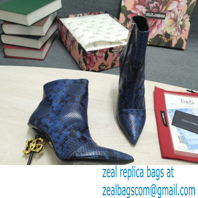 Dolce  &  Gabbana Thin Heel 10.5cm Leather Ankle Boots Snake Print Blue with Baroque DG Heel 2021